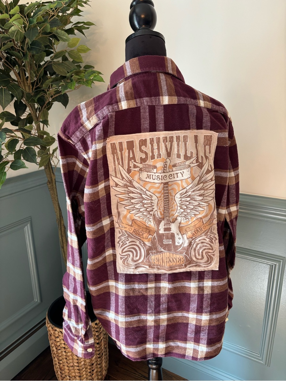 Upcycled Plaid Long Sleeve Shirt with Nashville Graphic